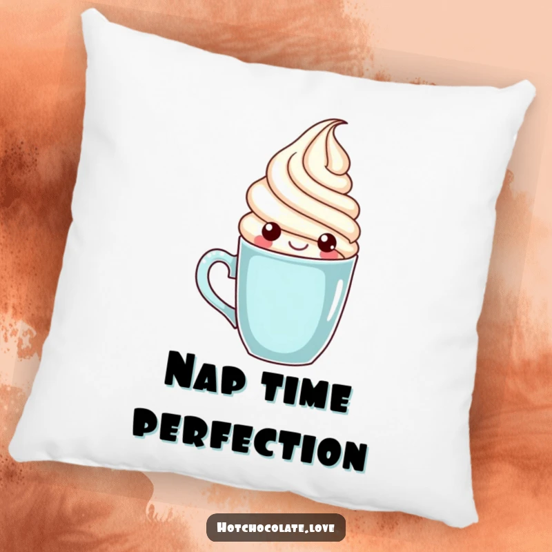 Funny whipped cream character popping playfully out of a mug, designed for a comfortable and humorous pillow.