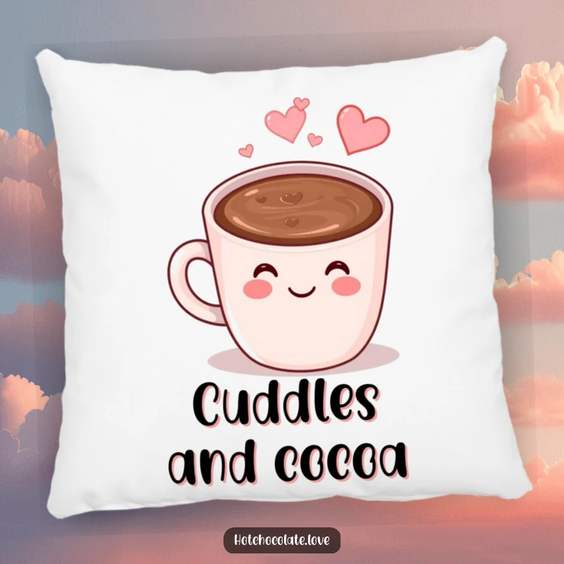Funny Hot Chocolate Pillow: A smiling mug of hot chocolate with heart-shaped steam, offering soft comfort and radiating warmth.