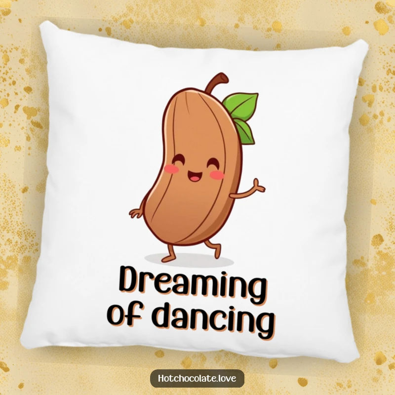 Funny pillow featuring a delighted cocoa bean with a tiny smile, joyfully performing a little jig.