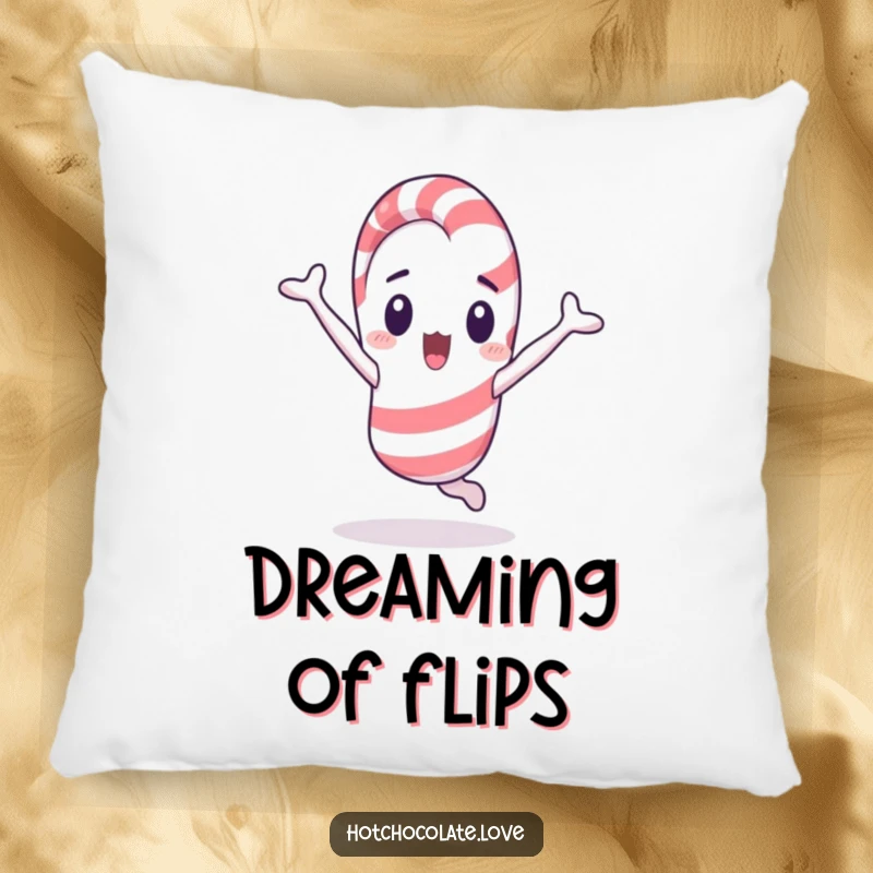 Funny candy cane character mid-cartwheel with a surprised expression, a soft and humorous decorative pillow.