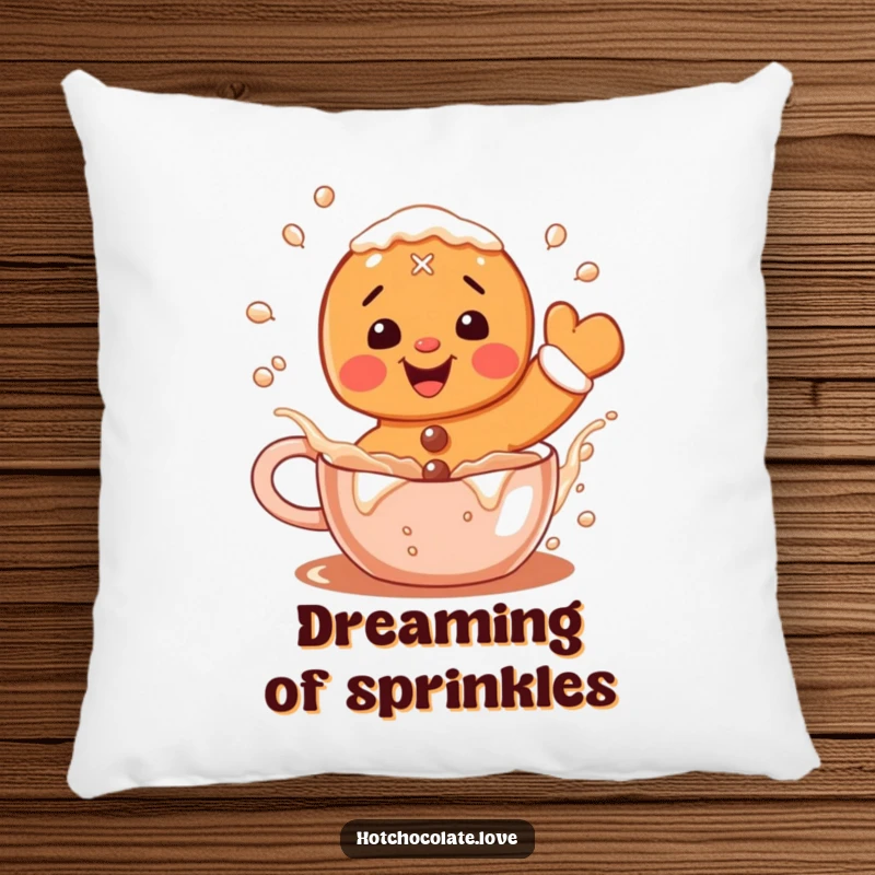 Funny Gingerbread Pillow: A delighted gingerbread man splashing in hot cocoa, providing cozy comfort and festive charm.