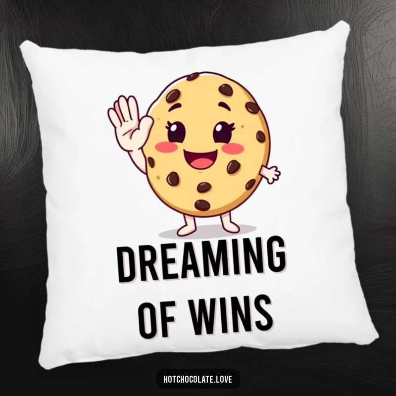 Funny chocolate chip cookie giving an enthusiastic high-five on a soft and humorous decorative pillow.