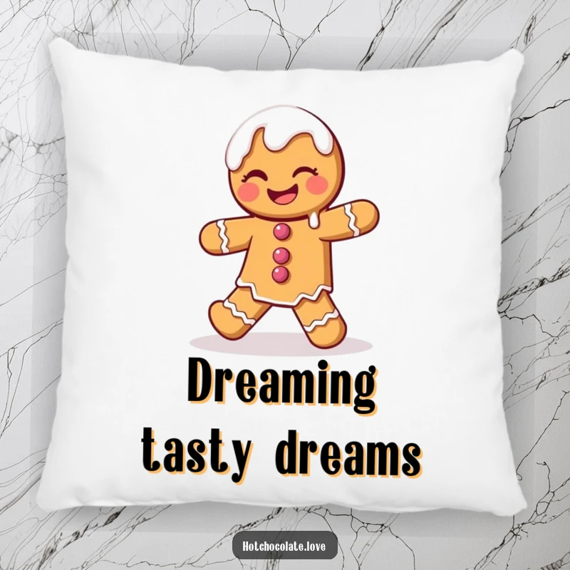 Funny Gingerbread Man Pillow depicting a winking character doing a playful dance with dripping icing, offering cozy holiday humor.