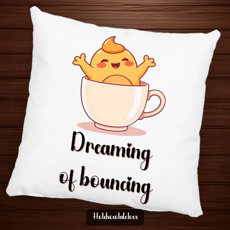 Funny caramel blob character doing joyful bounces inside a mug, featured on a soft and humorous decorative pillow.