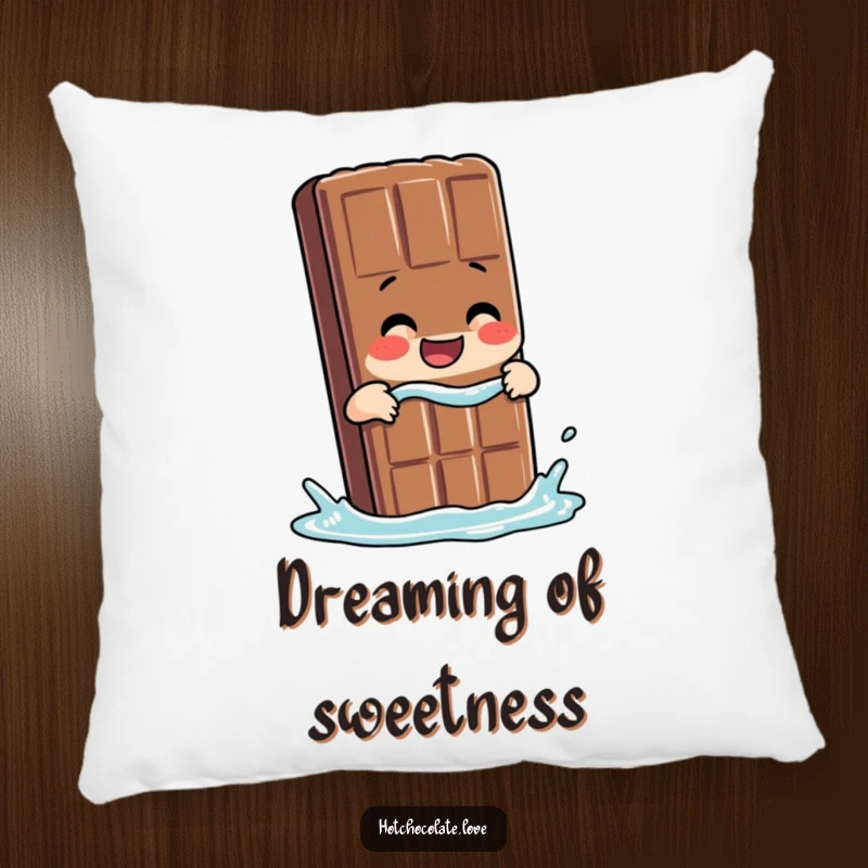Funny Chocolate Pillow featuring a giggling chocolate bar person taking a dip, perfect for cozy sweetness.
