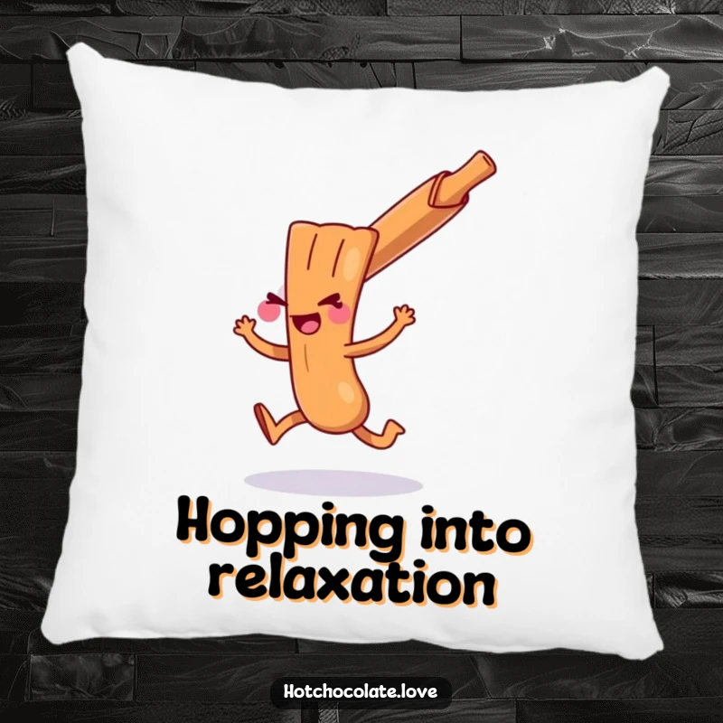 Funny cinnamon stick character performing a mischievous hop, featured on a soft pillow, adding playful comfort.