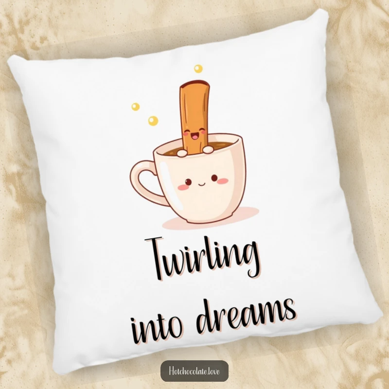 Funny Pillow featuring a gleeful cinnamon stick mid-twirl in a mug, offering comfort and a warm, spiced chuckle.