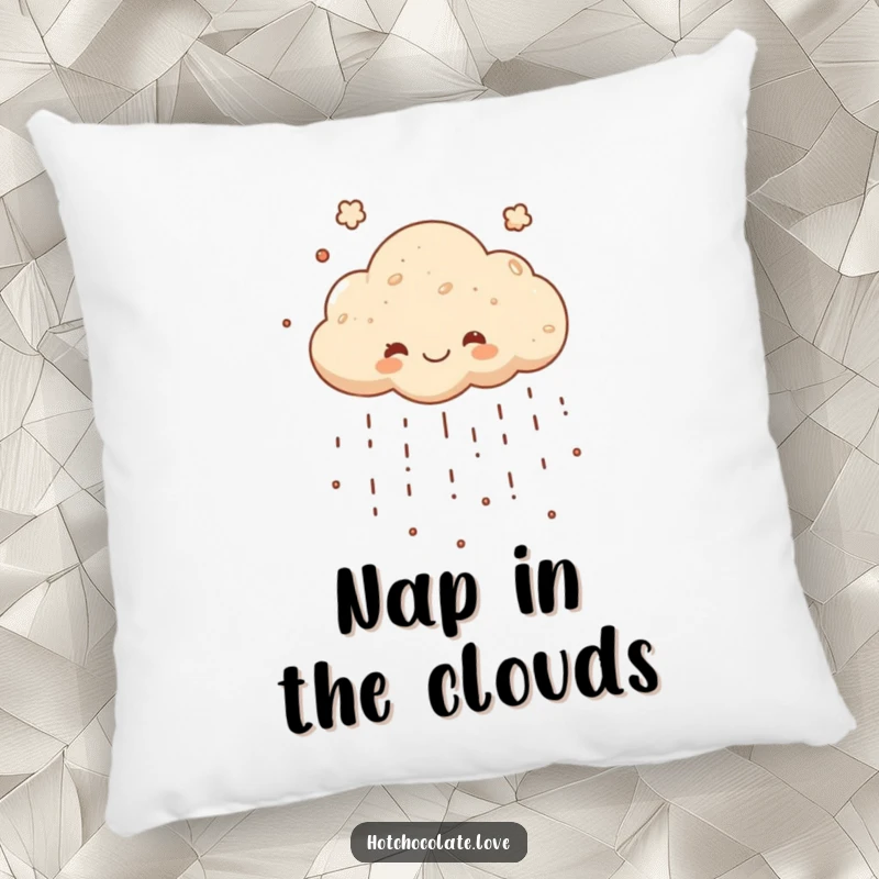 Funny pillow featuring a plush cocoa powder cloud raining down, offering cozy comfort with a sweet and humorous chocolate theme.