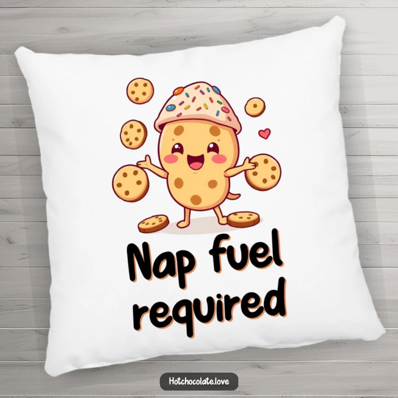 Funny cookie character with a sprinkle hat, mid-cookie juggle, a soft and humorous decorative pillow.