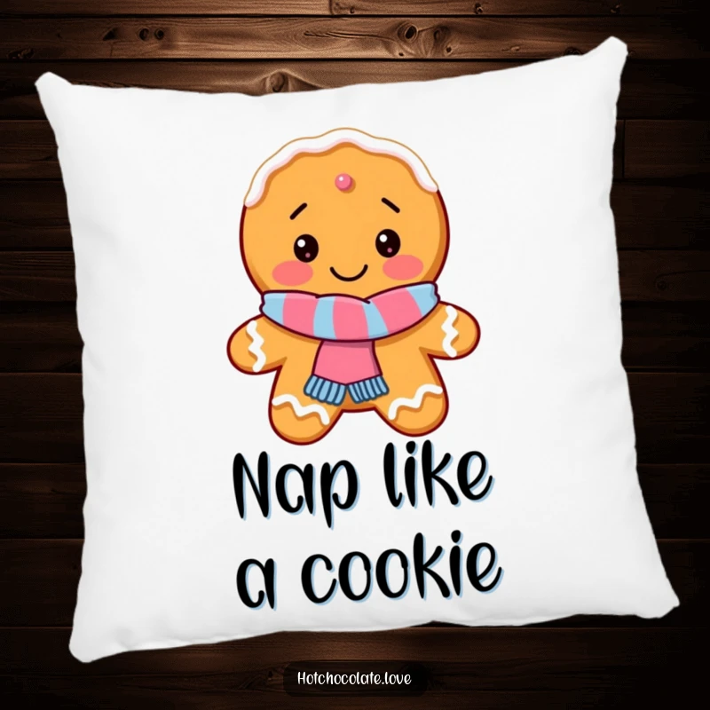 Funny Gingerbread Cookie Pillow with a delighted cookie wearing a scarf, offering comfort and festive charm.