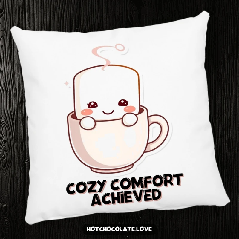 Funny Marshmallow Pillow: A cheerful marshmallow smiling from a steaming mug, providing cozy comfort and sweet charm.
