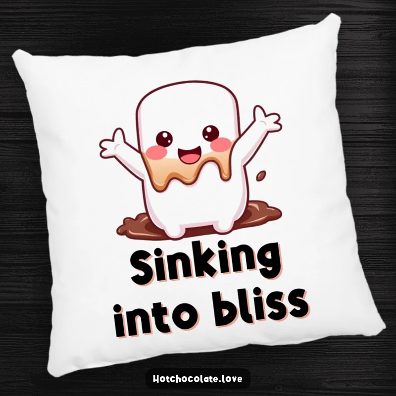 Funny Pillow showcasing a gleeful marshmallow, arms outstretched, joyfully embracing a chocolatey abyss, offering comfort and a sweet chuckle.