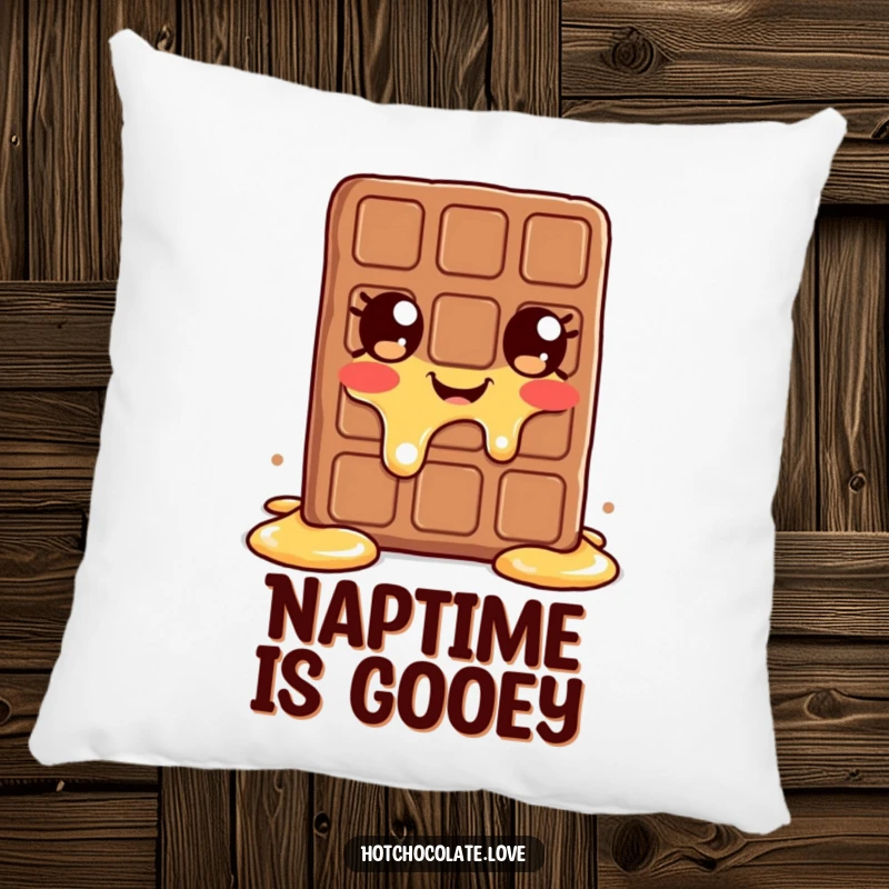 Funny melting chocolate bar pillow, featuring a happy, melting chocolate character perfect for cozying up.