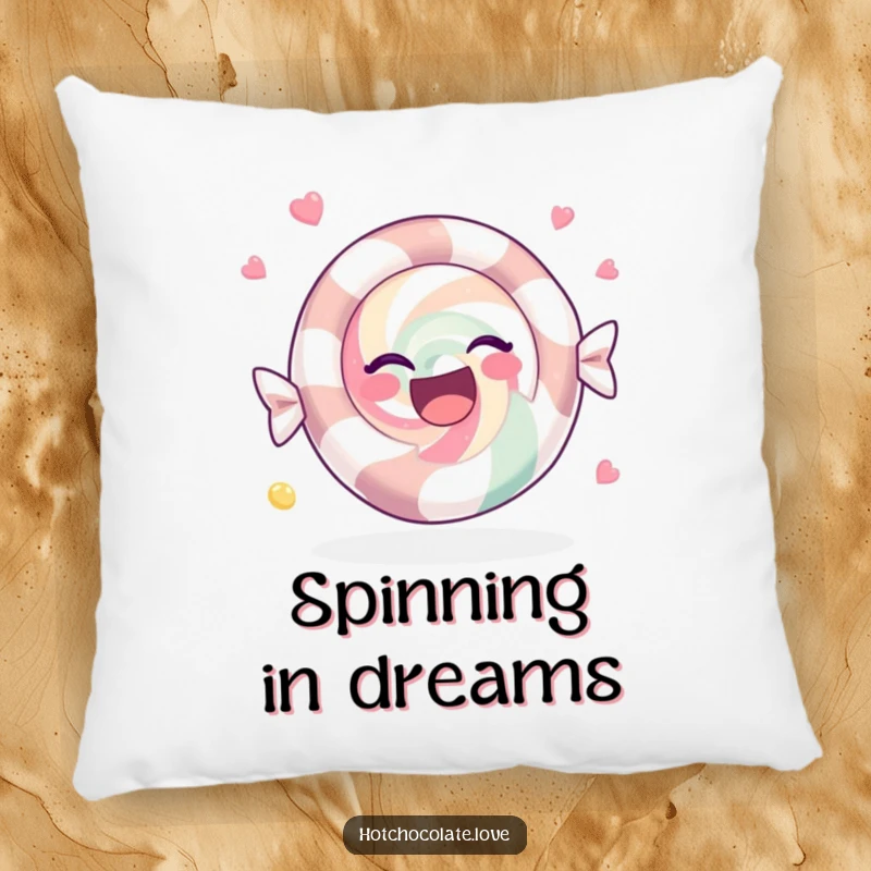 Funny Pillow showcasing a content peppermint candy spinning joyfully, perfect for adding soft comfort and festive cheer.