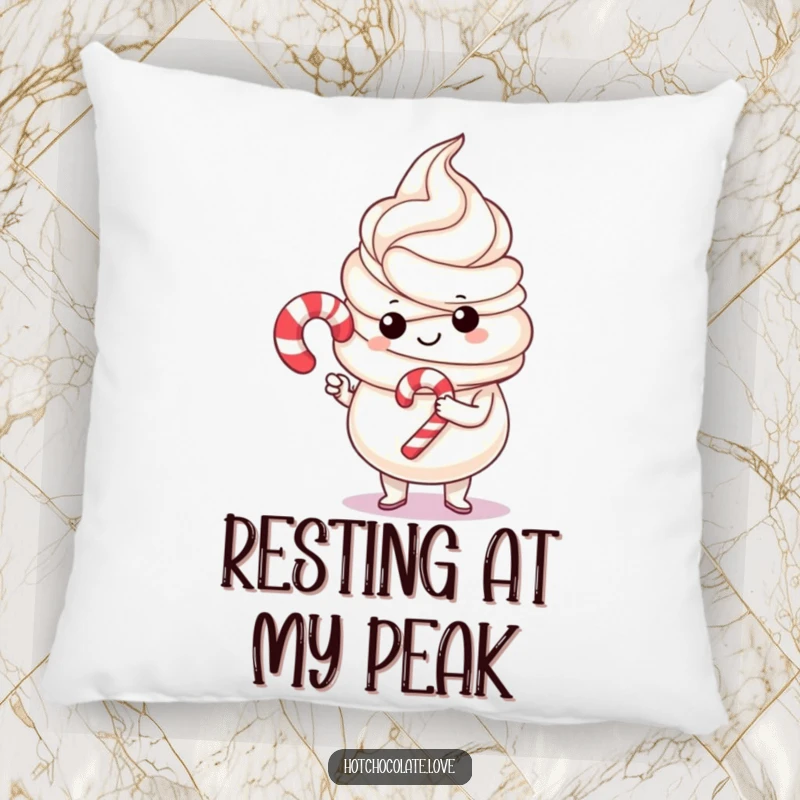 Funny whipped cream character proudly holding a small candy cane, featured on a soft pillow, adding a touch of holiday fun.