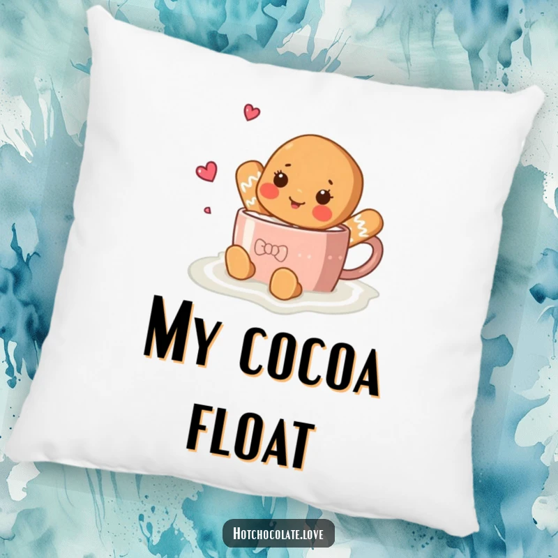 Funny gingerbread person relaxing in a mug of warm hot chocolate, designed on a soft, decorative pillow.