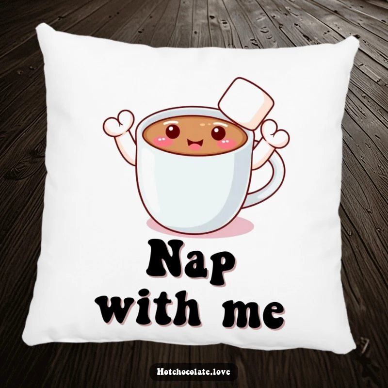 Funny throw pillow with a smiling hot chocolate mug and two marshmallow arms waving a friendly greeting.