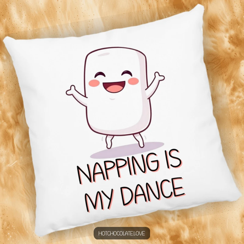 Funny pillow design of a grinning marshmallow engaged in a silly dance, adding soft humor and personality to your decor, funny gift.
