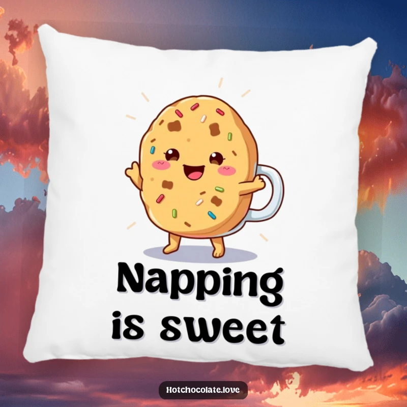 Funny Cookie Pillow depicting a cheerful cookie with sprinkles doing a happy jig, offering cozy sweetness and humor.