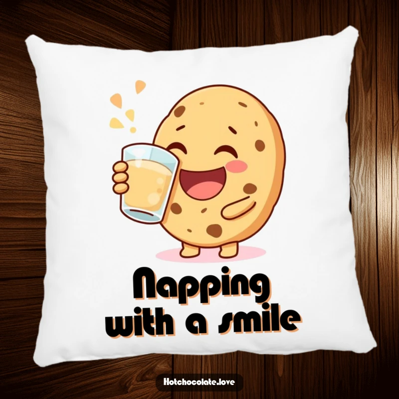 Funny happy cookie pillow, captured mid-jovial sip, offering cozy comfort and cheerful happiness with a delightful design.