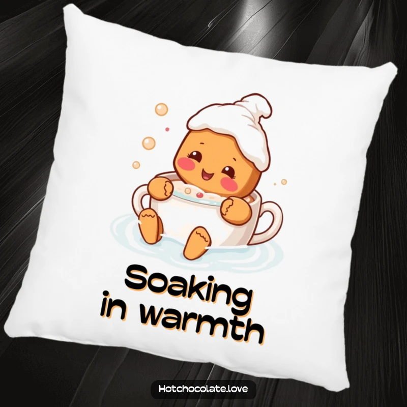 Funny pillow designed with a delighted gingerbread person swimming in a hot chocolate mug, perfect for cozy sweetness and humor.