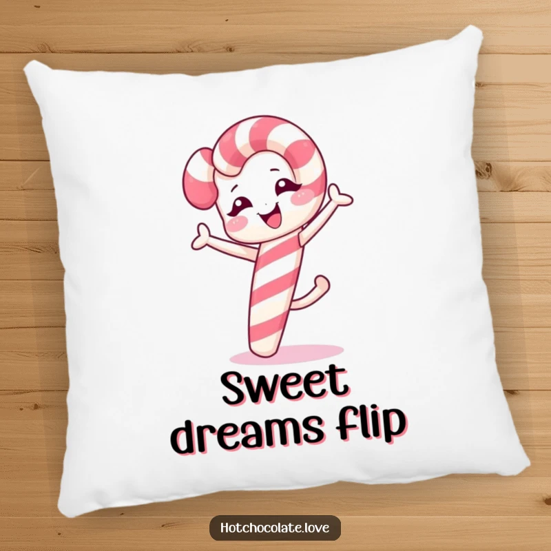 A soft and cozy pillow featuring a funny winking candy cane performing a cartwheel.