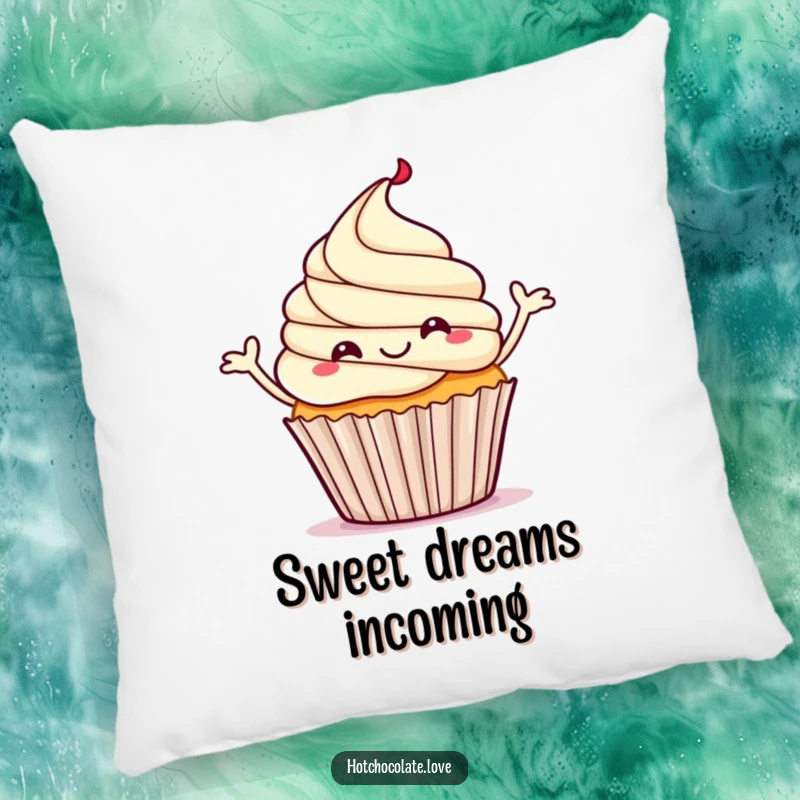 Funny throw pillow featuring a happy cupcake with steam rising, caught in a delightful dancing pose.