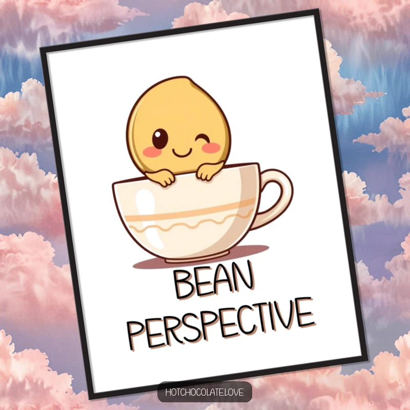 Funny digital art print of a happy coffee bean character peeking over a cup, bringing instant smiles and coffee vibes.