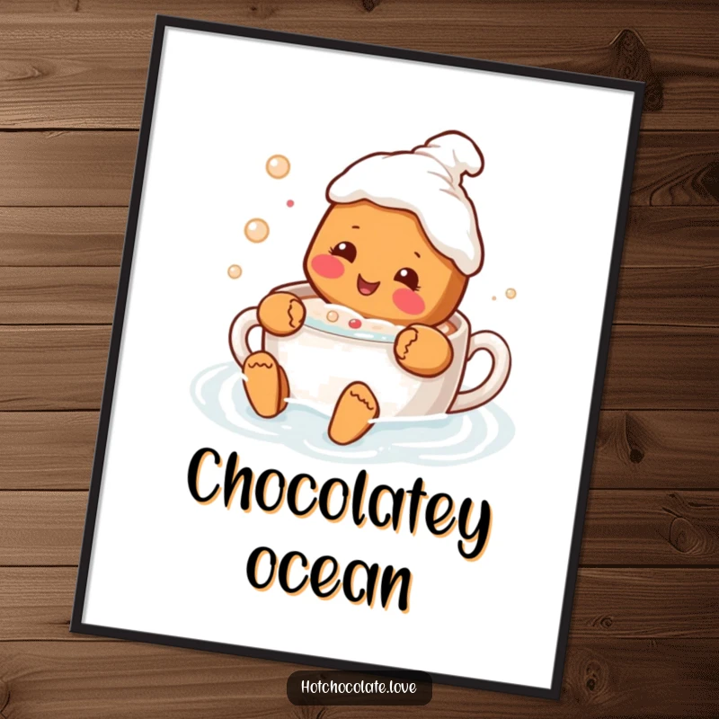 Funny digital art print of a happy gingerbread person joyfully swimming in a warm mug of hot chocolate, full of cozy delight.