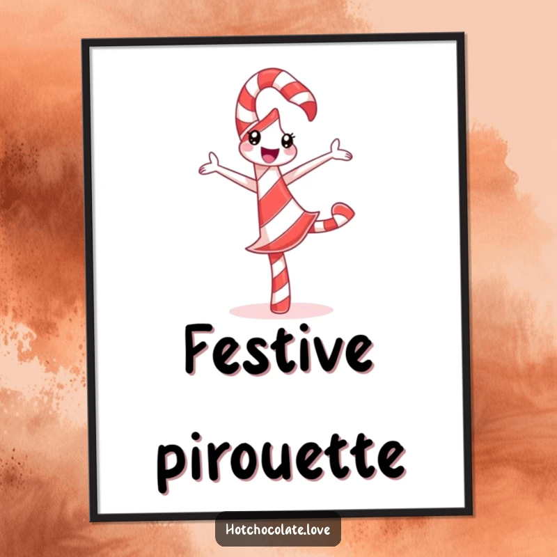 Funny Candy Cane Digital Art Print of a delighted candy cane doing a silly pirouette with festive stripes, perfect for festive decor.