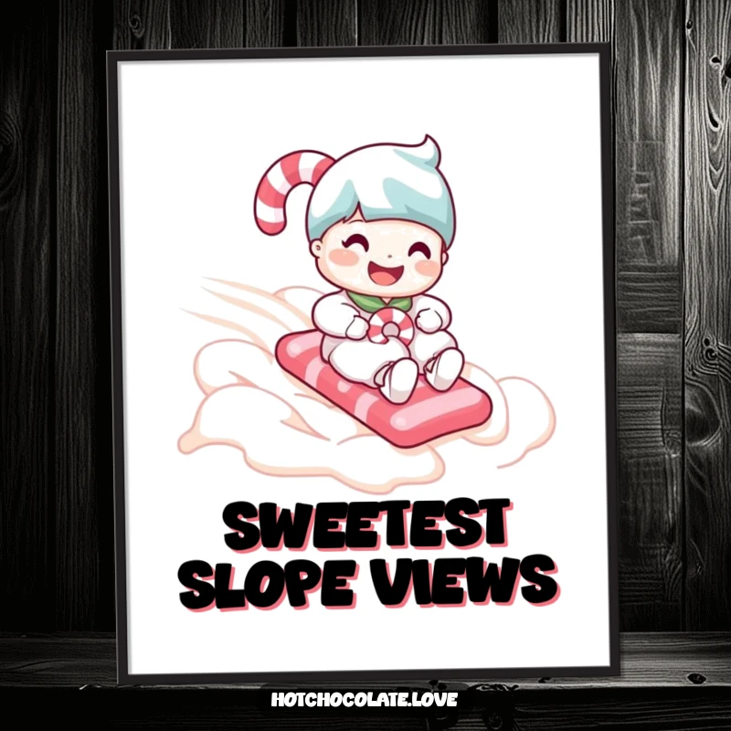 Funny candy cane character joyfully sliding down a fluffy whipped cream slope, presented as a vibrant digital art print.