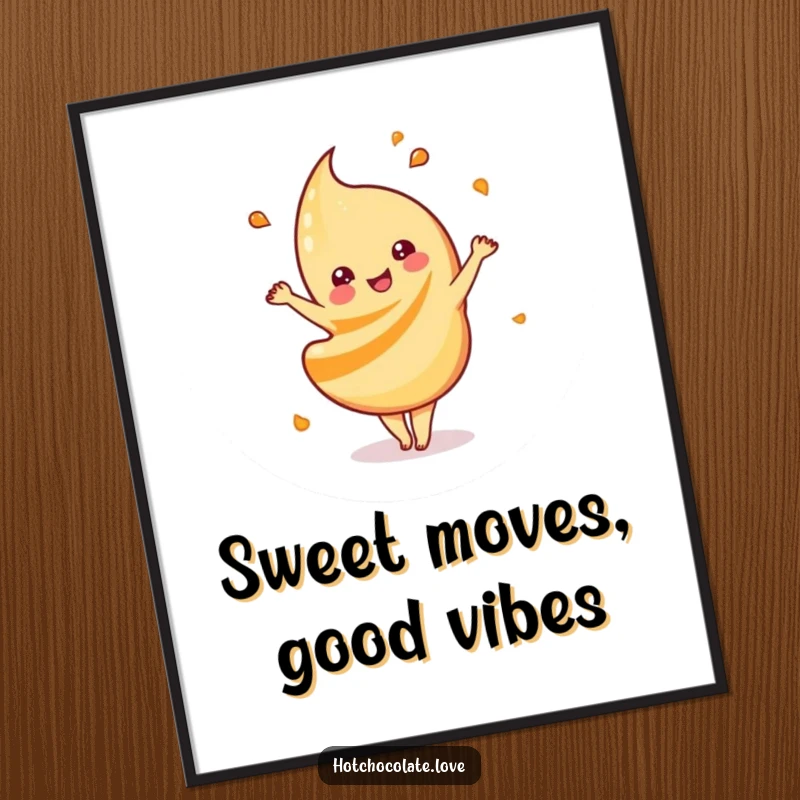 Funny playful caramel swirl digital art print, doing a happy dance, offering instant sweet charm and energetic fun.