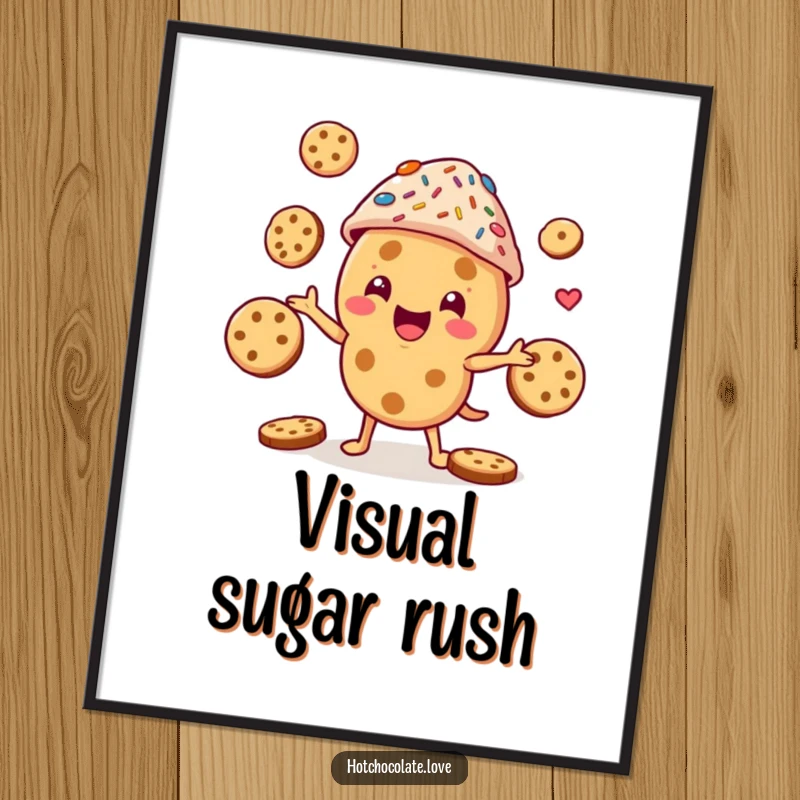 Funny cookie character in a sprinkle hat, juggling cookies, a high-resolution digital art print for instant humorous decor.