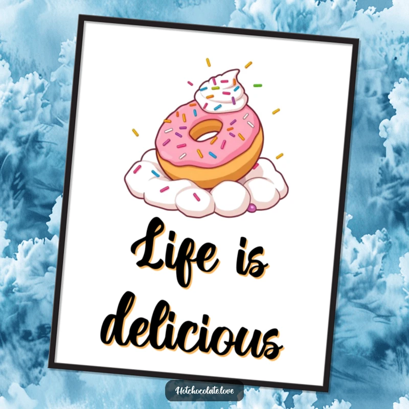 Funny digital art of a playful donut with sprinkles frolicking in whipped cream.
