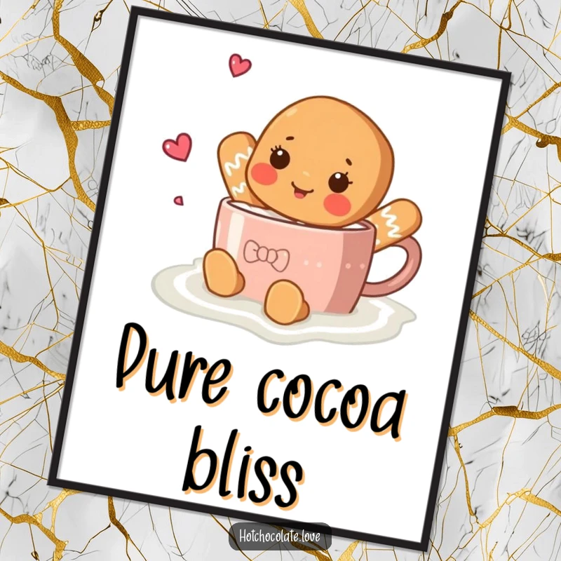 Funny gingerbread character joyfully swimming in a steaming mug of hot chocolate, presented as a charming digital art print.