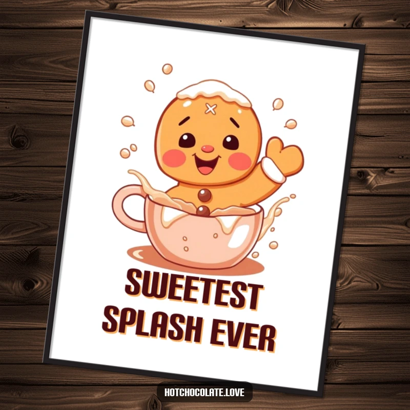 Funny Gingerbread Digital Art Print: A delighted gingerbread man splashing in hot cocoa, ready to add festive joy.