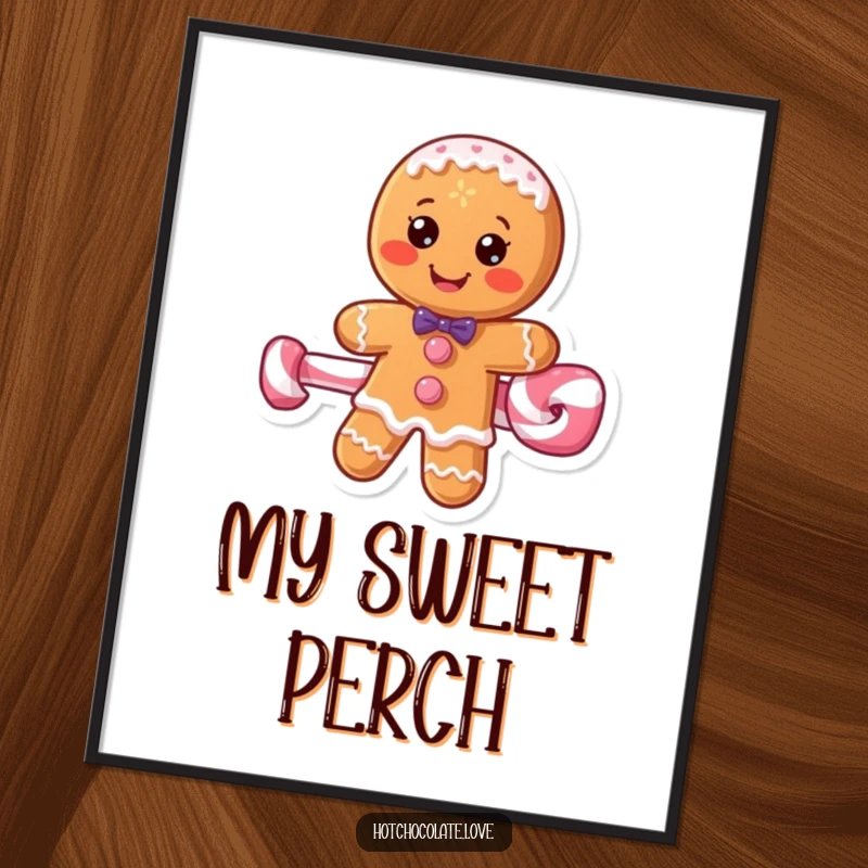 Funny gingerbread man joyfully riding a peppermint stick, available as a digital art print.