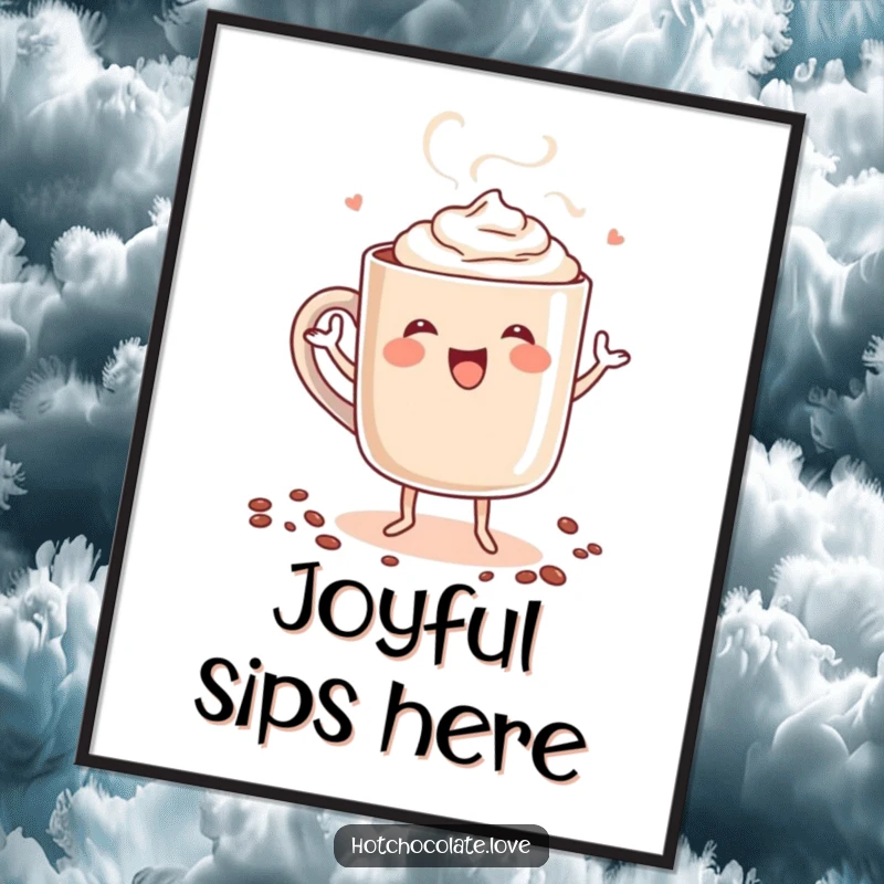 Funny digital art print capturing a steaming mug of hot chocolate personified, joyfully dancing, radiating pure happiness and cozy vibes.