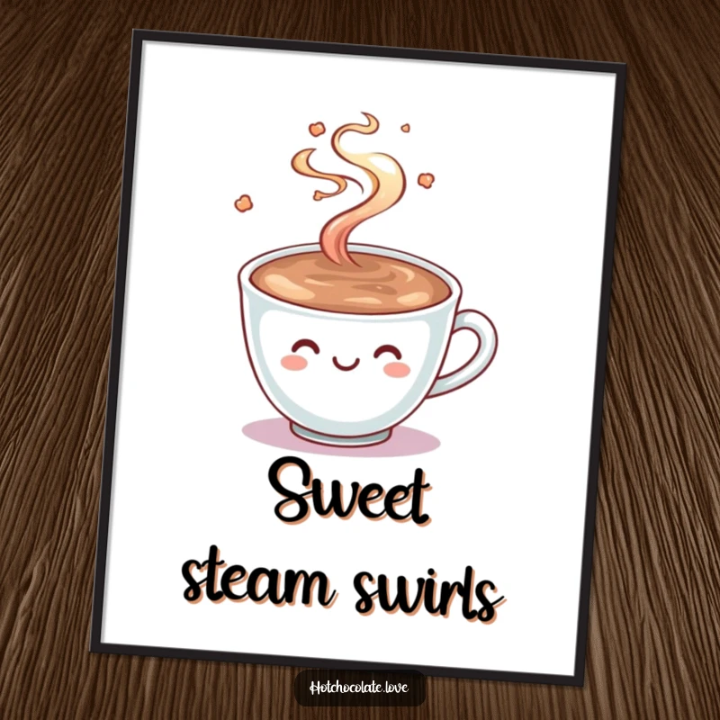 Funny Hot Chocolate Digital Art Print: A smiling cup of hot chocolate with steam playfully swirling, radiating warmth, comfort, and happiness.