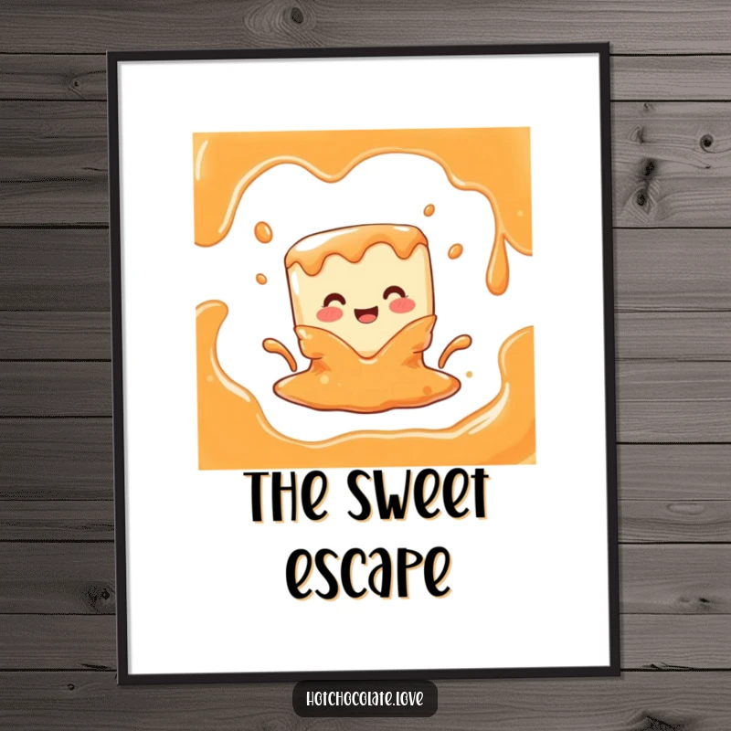 Funny digital art print of a joyful caramel cube character in a sweet, hilarious meltdown, ideal for adding humorous charm to your decor.