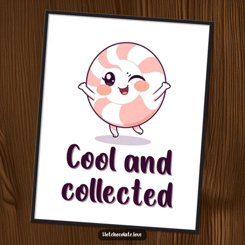 Funny digital art print of a winking peppermint character doing a cheerful spin, perfect for instant, cool wall decoration.