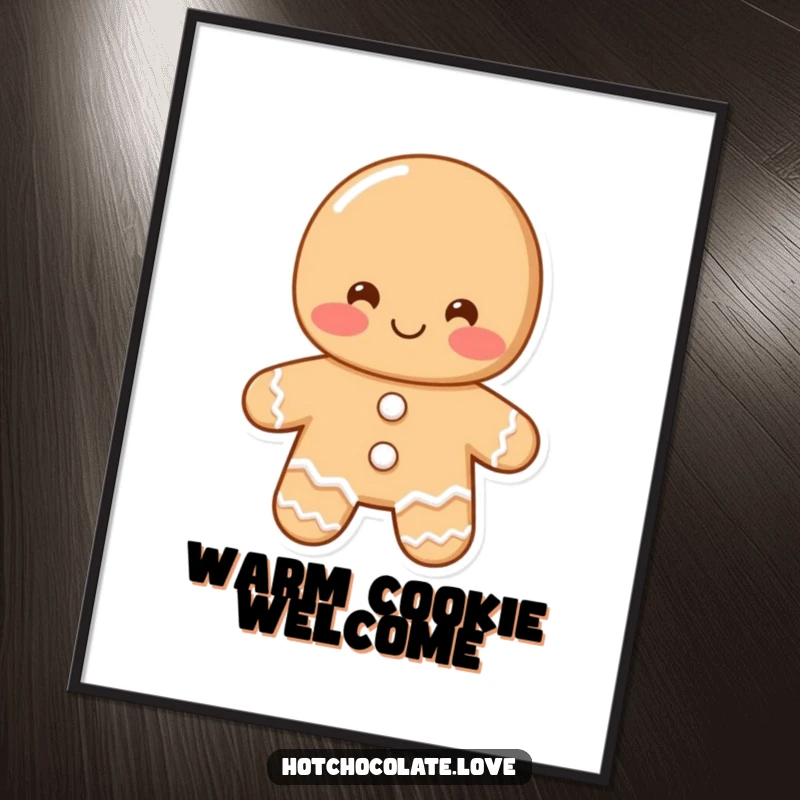 Funny gingerbread man digital art print of a shy, blushing gingerbread man offering a greeting, ideal for instant, warm decor.