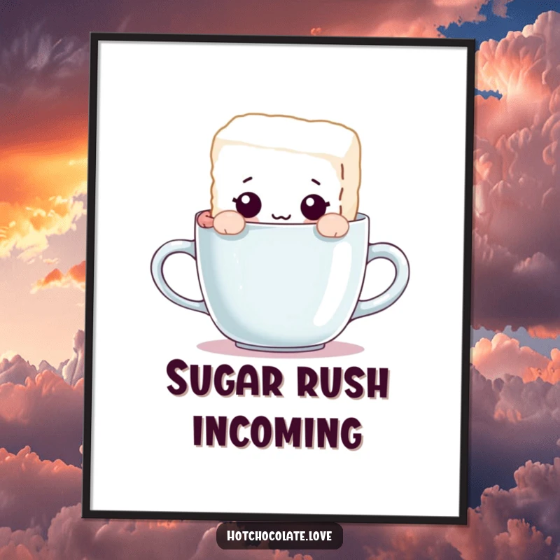 Funny digital art print of a curious sugar cube character peeking over a mug's rim, perfect for instant, whimsical wall decoration.