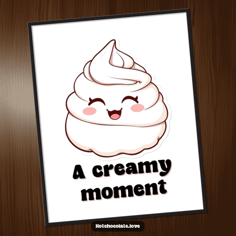 Funny digital art print of a cute whipped cream dollop winking, offering instant sweet humor and charm for any digital display or printable wall art.