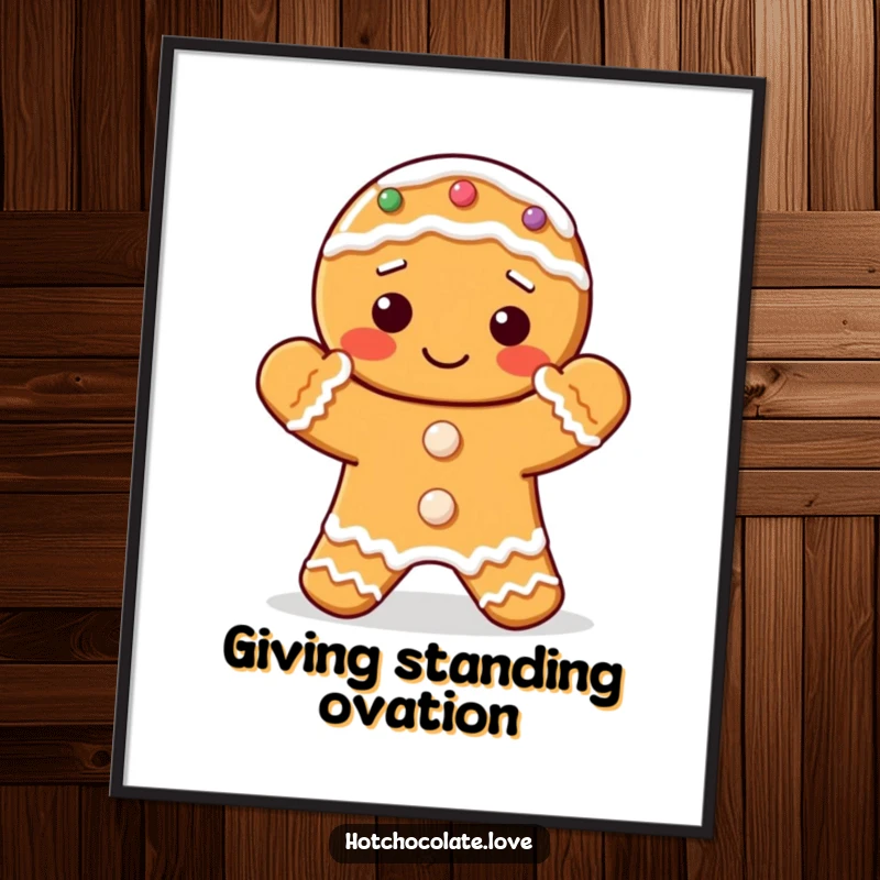 Funny digital art of a delightful gingerbread cookie with frosted hands clapping.