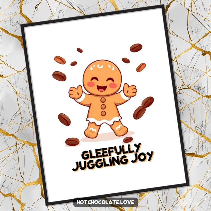 Funny digital art print of a joyful gingerbread man character juggling cocoa beans with glee, ready for download.