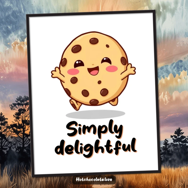 Funny digital art print of a giggling chocolate chip cookie character doing a happy hop, perfect for instant, joyful wall decor.