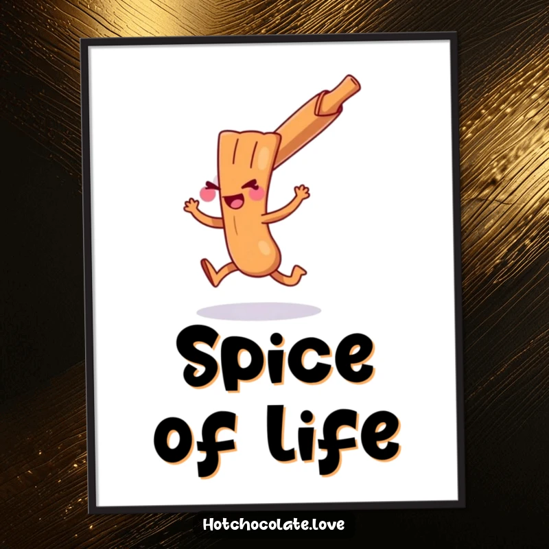 A playful cinnamon stick doing a mischievous hop, available as a funny digital art print, ideal for lively decor.