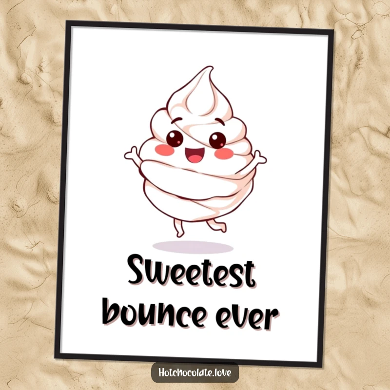 Funny Digital Art Print of a happy, anthropomorphic whipped cream dollop performing a playful bounce, radiating sweetness and fun.
