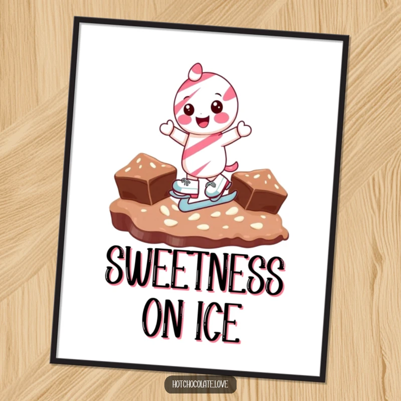 Funny candy cane character ice skating on chocolate, available as a digital art print for instant, humorous wall decoration.